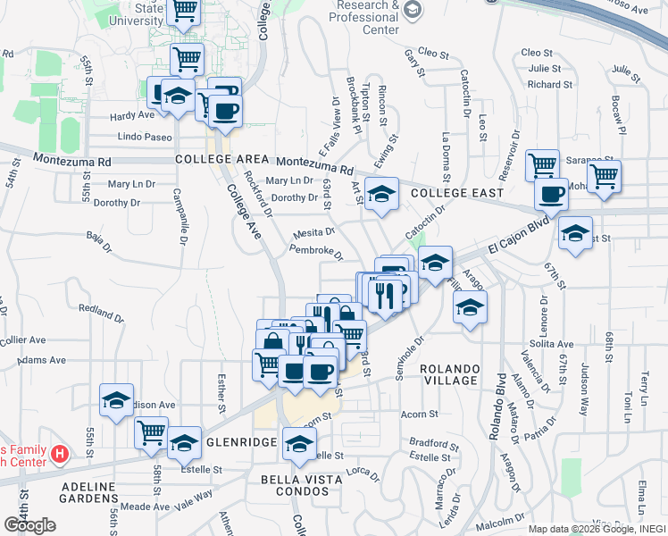 map of restaurants, bars, coffee shops, grocery stores, and more near 6234 Stewart Street in San Diego