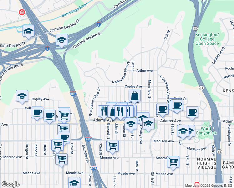 map of restaurants, bars, coffee shops, grocery stores, and more near 4822 33rd Street in San Diego