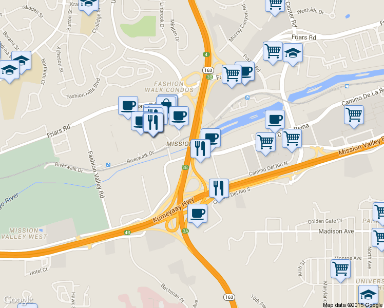 map of restaurants, bars, coffee shops, grocery stores, and more near 591 Camino De La Reina in San Diego