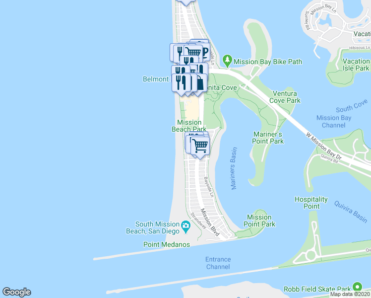 map of restaurants, bars, coffee shops, grocery stores, and more near 715 Devon Court in San Diego