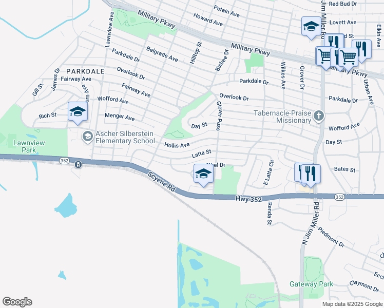 map of restaurants, bars, coffee shops, grocery stores, and more near 6408 Latta Street in Dallas
