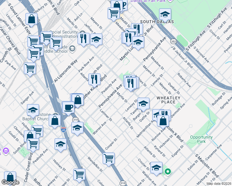 map of restaurants, bars, coffee shops, grocery stores, and more near 2632 Pennsylvania Avenue in Dallas