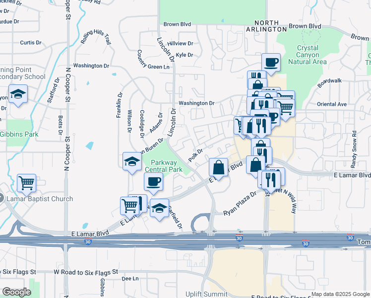 map of restaurants, bars, coffee shops, grocery stores, and more near 714 Ridgeglen Drive in Arlington