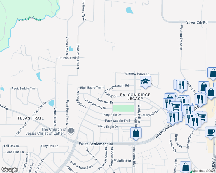 map of restaurants, bars, coffee shops, grocery stores, and more near 10101 High Eagle Trail in Fort Worth