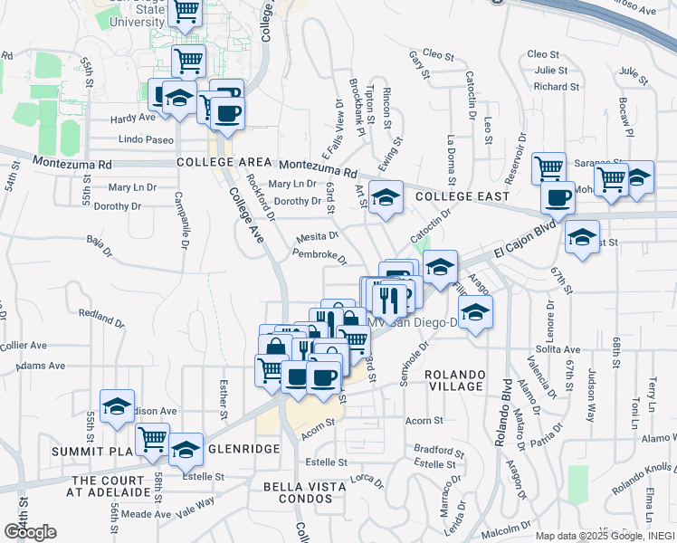 map of restaurants, bars, coffee shops, grocery stores, and more near 6234 Stewart Street in San Diego