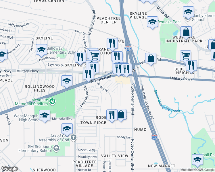 map of restaurants, bars, coffee shops, grocery stores, and more near 2009 Allegheny Drive in Mesquite
