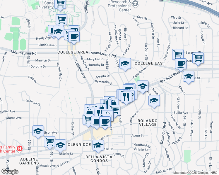 map of restaurants, bars, coffee shops, grocery stores, and more near 6234 Stewart Street in San Diego