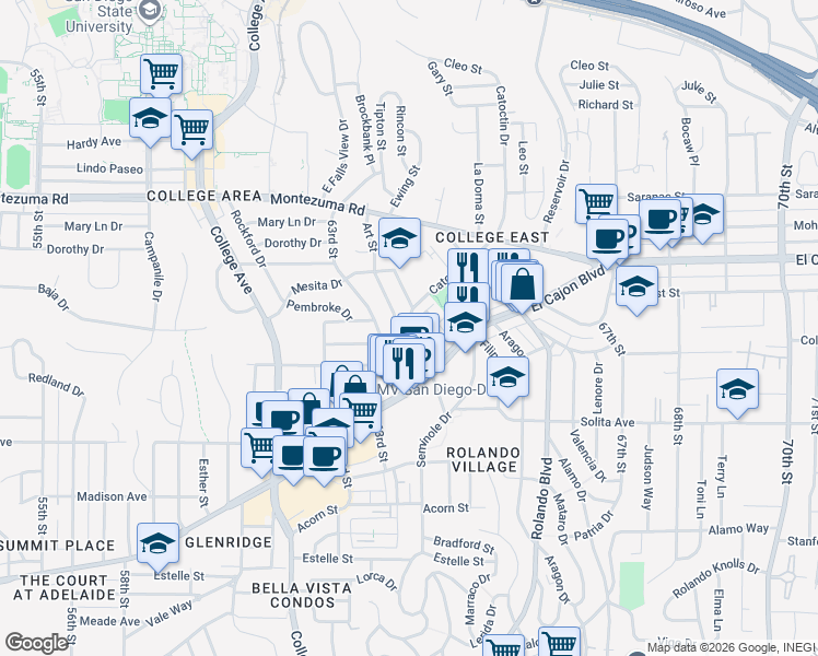 map of restaurants, bars, coffee shops, grocery stores, and more near 4847 Art Street in San Diego
