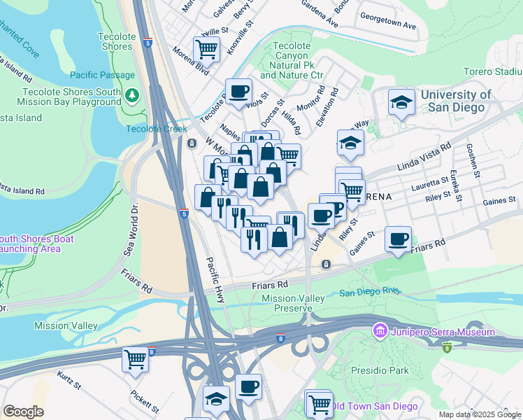 map of restaurants, bars, coffee shops, grocery stores, and more near 1033 Cudahy Place in San Diego