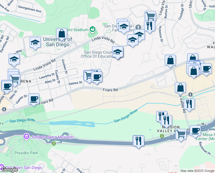 map of restaurants, bars, coffee shops, grocery stores, and more near 6304 Friars Road in San Diego