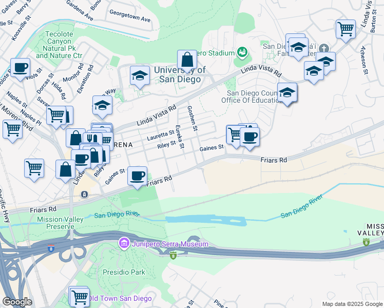 map of restaurants, bars, coffee shops, grocery stores, and more near 1092 Fresno Street in San Diego