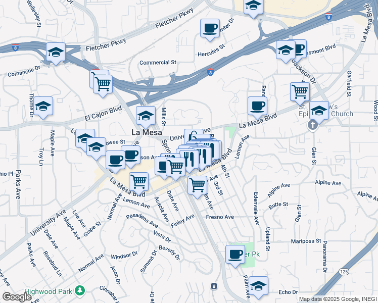 map of restaurants, bars, coffee shops, grocery stores, and more near 8310 La Mesa Boulevard in La Mesa