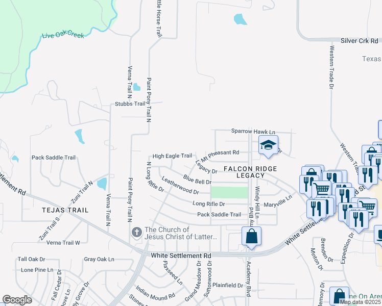 map of restaurants, bars, coffee shops, grocery stores, and more near 10104 High Eagle Trail in Fort Worth