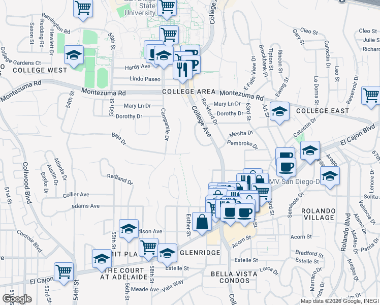 map of restaurants, bars, coffee shops, grocery stores, and more near 4851 60th Street in San Diego