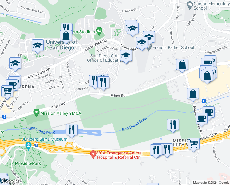 map of restaurants, bars, coffee shops, grocery stores, and more near 6202 Friars Road in San Diego