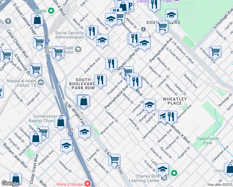 map of restaurants, bars, coffee shops, grocery stores, and more near 2618 Pennsylvania Avenue in Dallas