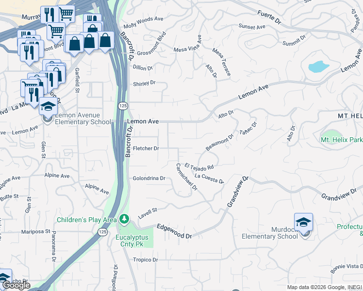 map of restaurants, bars, coffee shops, grocery stores, and more near 9320 Fletcher Drive in La Mesa