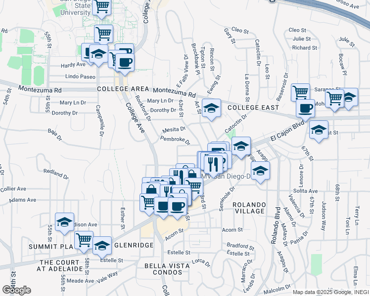 map of restaurants, bars, coffee shops, grocery stores, and more near 6234 Stewart Street in San Diego