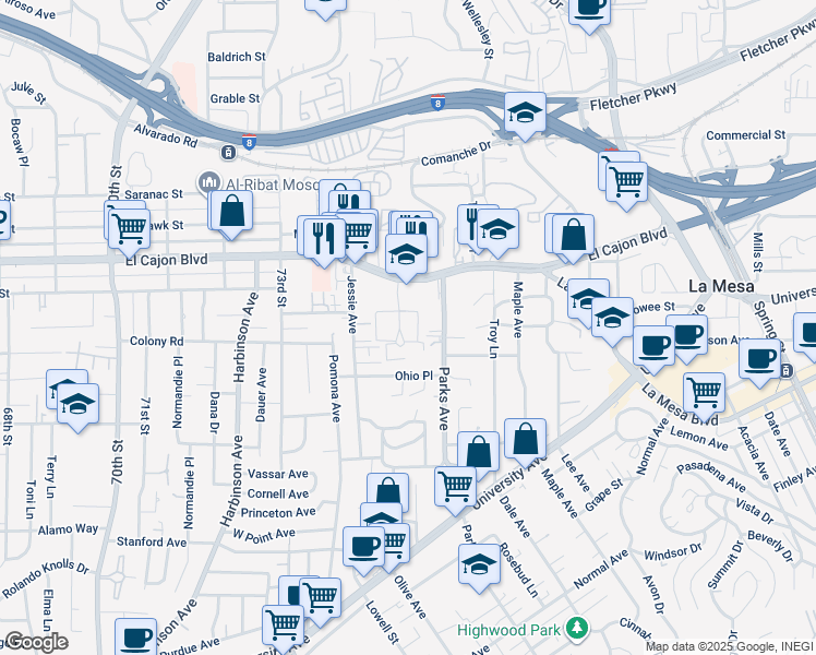 map of restaurants, bars, coffee shops, grocery stores, and more near 4847 Williamsburg Lane in La Mesa
