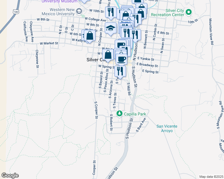 map of restaurants, bars, coffee shops, grocery stores, and more near 260 West Gila Street in Silver City