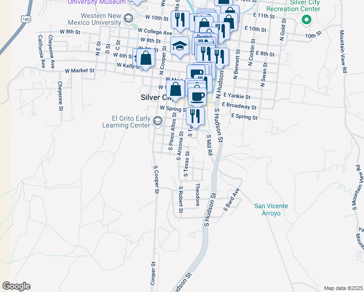 map of restaurants, bars, coffee shops, grocery stores, and more near 260 West Gila Street in Silver City