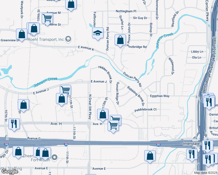 map of restaurants, bars, coffee shops, grocery stores, and more near 1740 Hidden Brook Drive in Grand Prairie