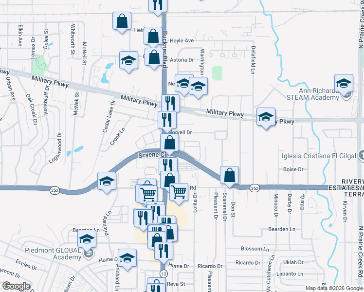map of restaurants, bars, coffee shops, grocery stores, and more near 8181 Scyene Circle in Dallas