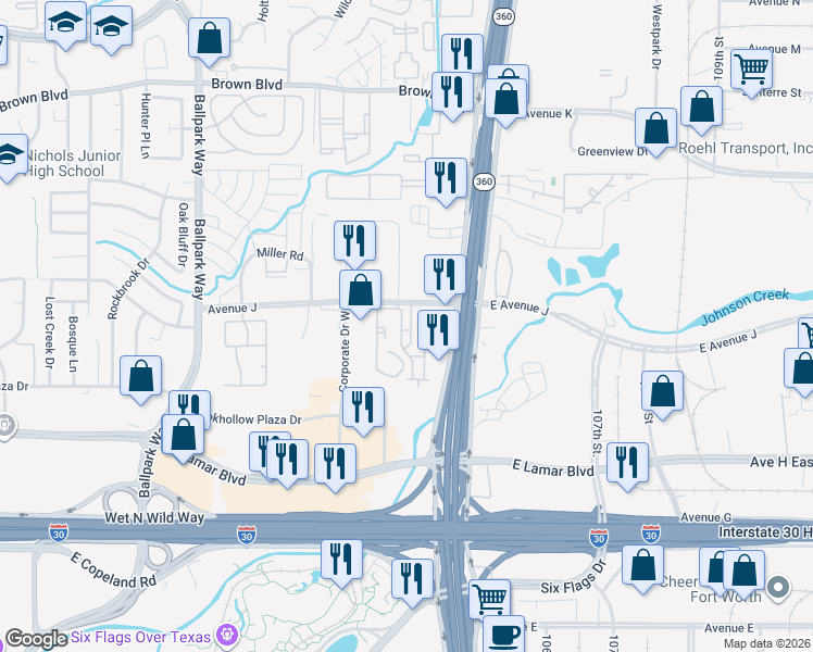 map of restaurants, bars, coffee shops, grocery stores, and more near 1135 Silverwood Drive in Arlington