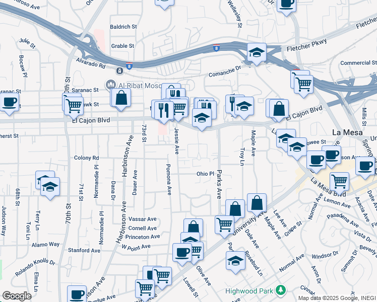 map of restaurants, bars, coffee shops, grocery stores, and more near 4800 Williamsburg Lane in La Mesa