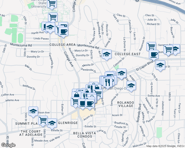 map of restaurants, bars, coffee shops, grocery stores, and more near 6234 Stewart Street in San Diego