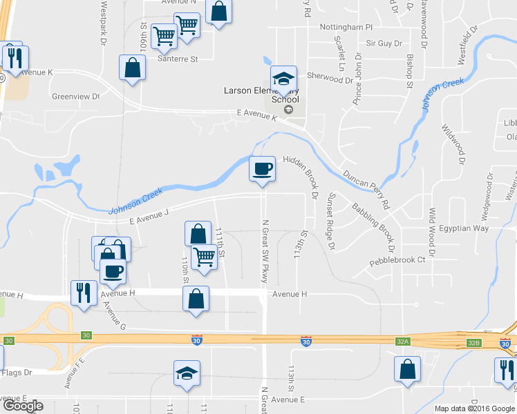 map of restaurants, bars, coffee shops, grocery stores, and more near 1199 North Great Southwest Parkway in Grand Prairie