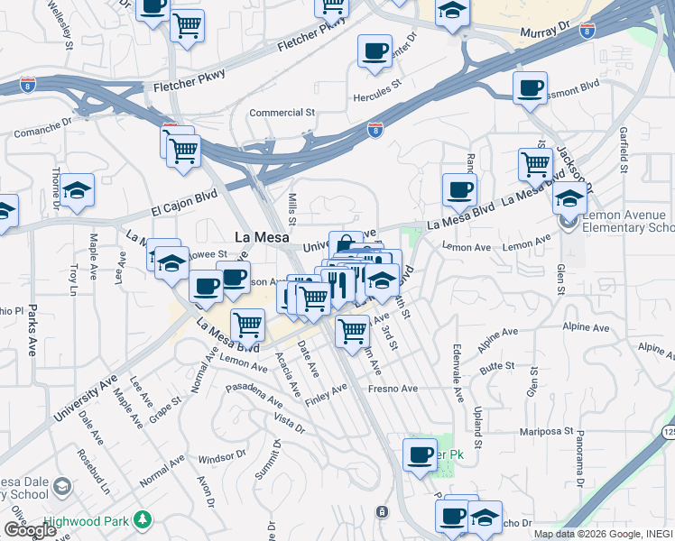 map of restaurants, bars, coffee shops, grocery stores, and more near in La Mesa