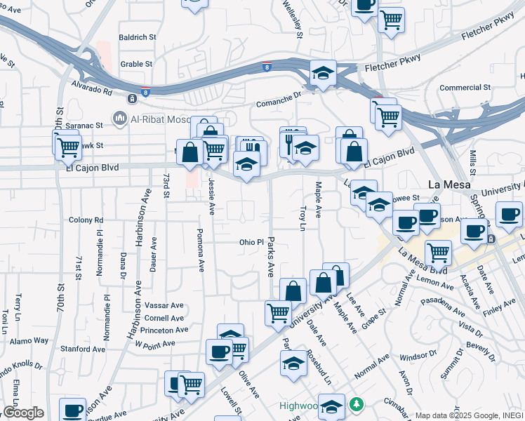 map of restaurants, bars, coffee shops, grocery stores, and more near 4752 Parks Avenue in La Mesa