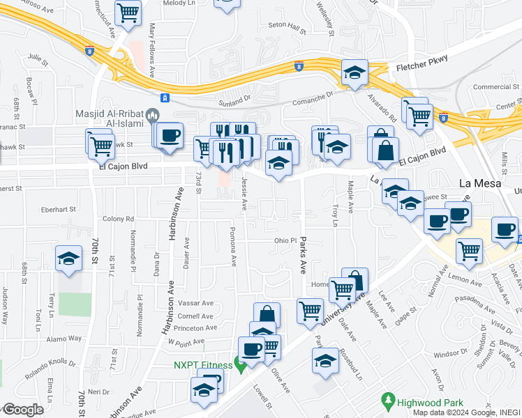 map of restaurants, bars, coffee shops, grocery stores, and more near 110 Williamsburg Lane in La Mesa