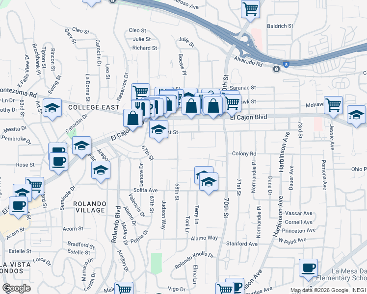 map of restaurants, bars, coffee shops, grocery stores, and more near 4809 68th Street in San Diego