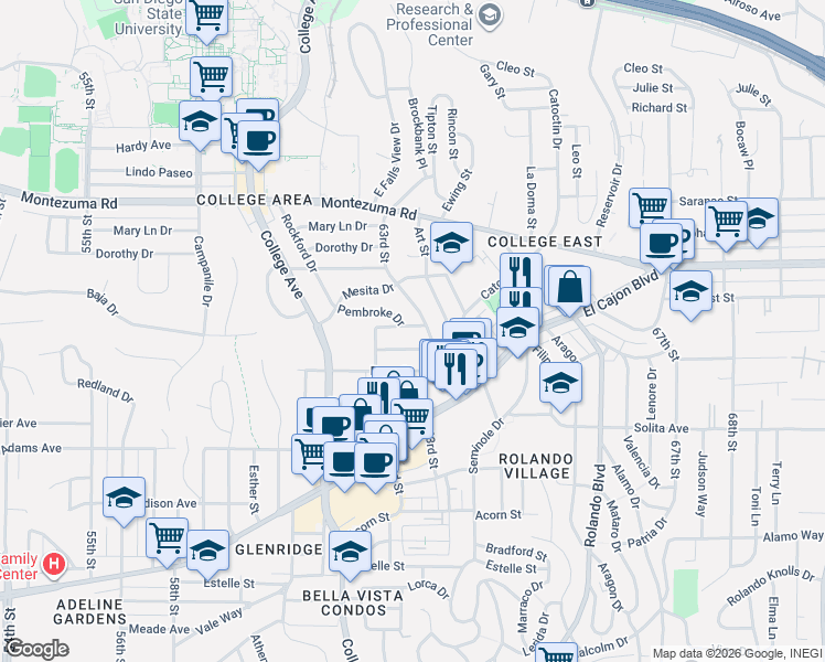 map of restaurants, bars, coffee shops, grocery stores, and more near 4808 63rd Street in San Diego
