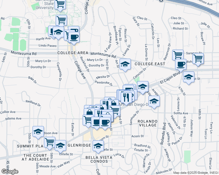 map of restaurants, bars, coffee shops, grocery stores, and more near 6234 Stewart Street in San Diego