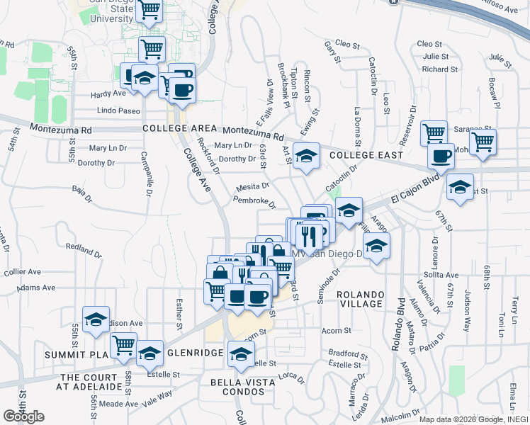 map of restaurants, bars, coffee shops, grocery stores, and more near 6234 Stewart Street in San Diego