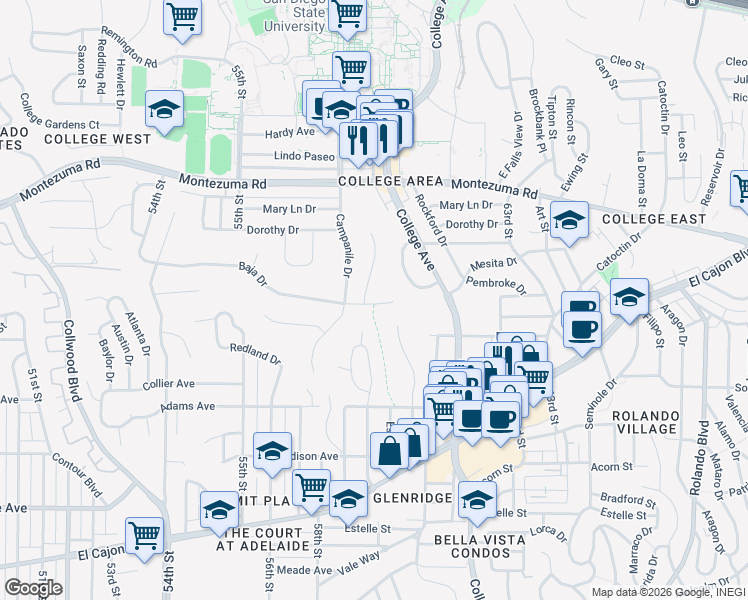 map of restaurants, bars, coffee shops, grocery stores, and more near 5867 Baja Drive in San Diego