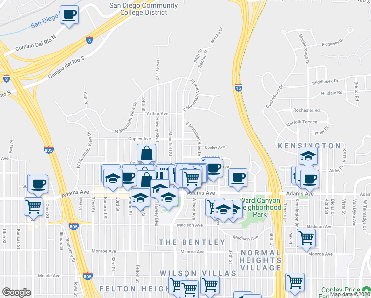 map of restaurants, bars, coffee shops, grocery stores, and more near 4827 35th Street in San Diego