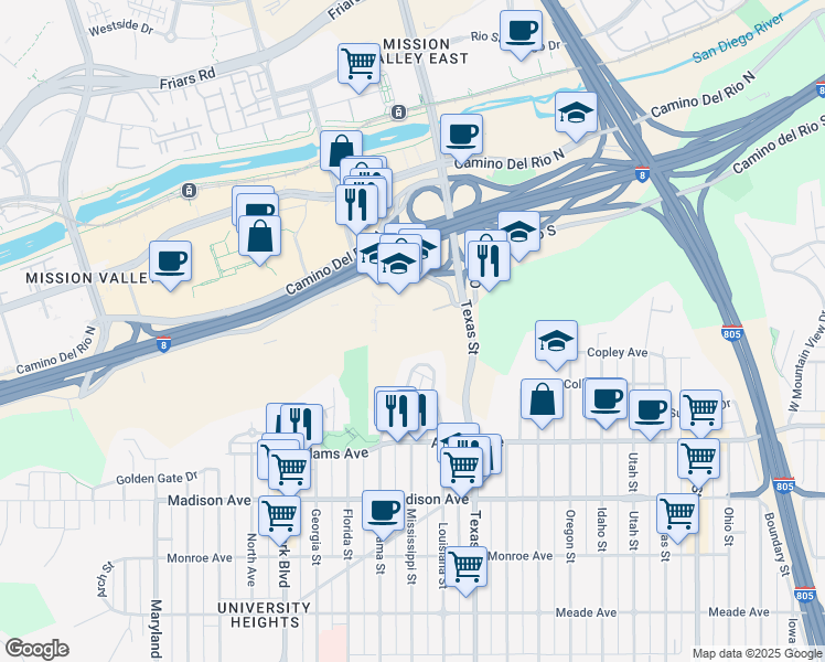 map of restaurants, bars, coffee shops, grocery stores, and more near 4748 Panorama Drive in San Diego