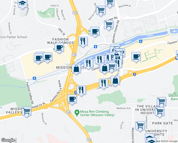 map of restaurants, bars, coffee shops, grocery stores, and more near 655 Camino De La Reina in San Diego