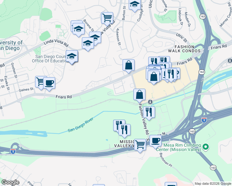 map of restaurants, bars, coffee shops, grocery stores, and more near 6737 Friars Road in San Diego