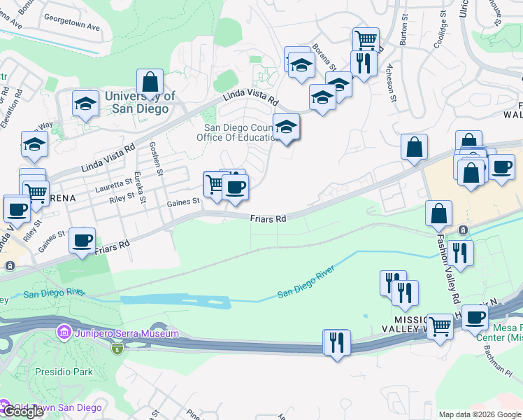 map of restaurants, bars, coffee shops, grocery stores, and more near 6304 Friars Road in San Diego