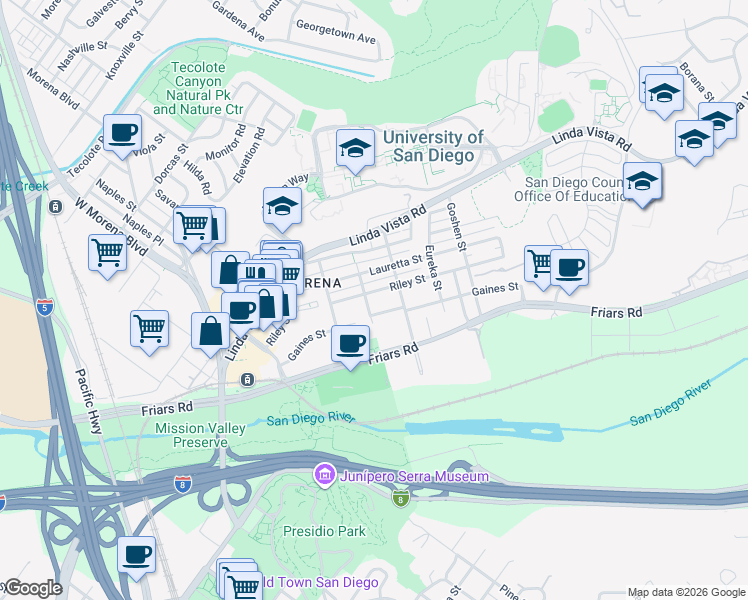 map of restaurants, bars, coffee shops, grocery stores, and more near 5604 Gaines Street in San Diego