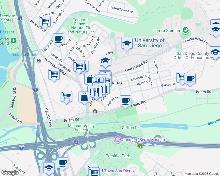 map of restaurants, bars, coffee shops, grocery stores, and more near 5280 Riley Street in San Diego