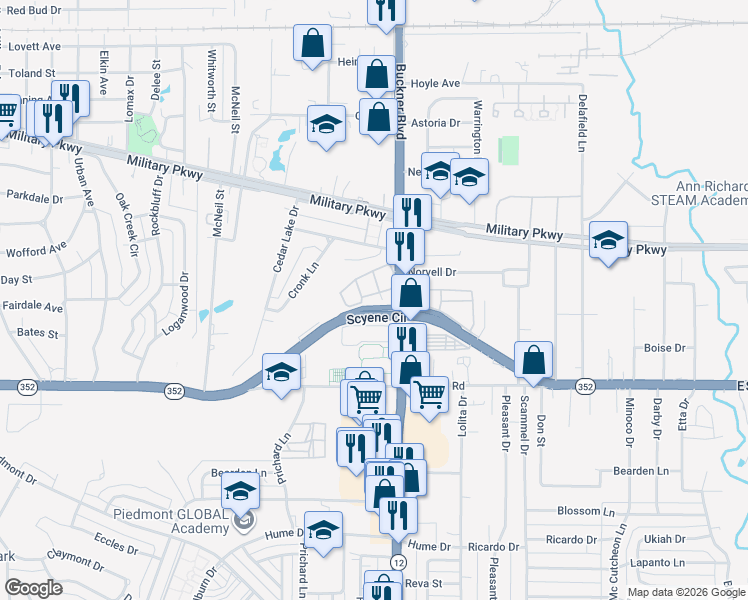 map of restaurants, bars, coffee shops, grocery stores, and more near 8071 Highway 352 in Dallas