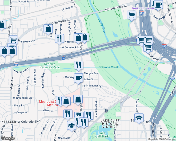 map of restaurants, bars, coffee shops, grocery stores, and more near in Dallas