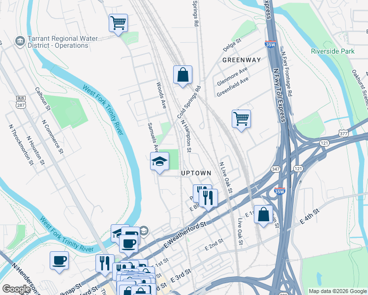 map of restaurants, bars, coffee shops, grocery stores, and more near 1110 Garvey Street in Fort Worth
