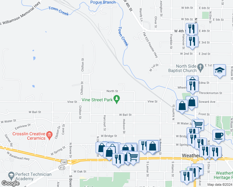 map of restaurants, bars, coffee shops, grocery stores, and more near 708 Vine Street in Weatherford